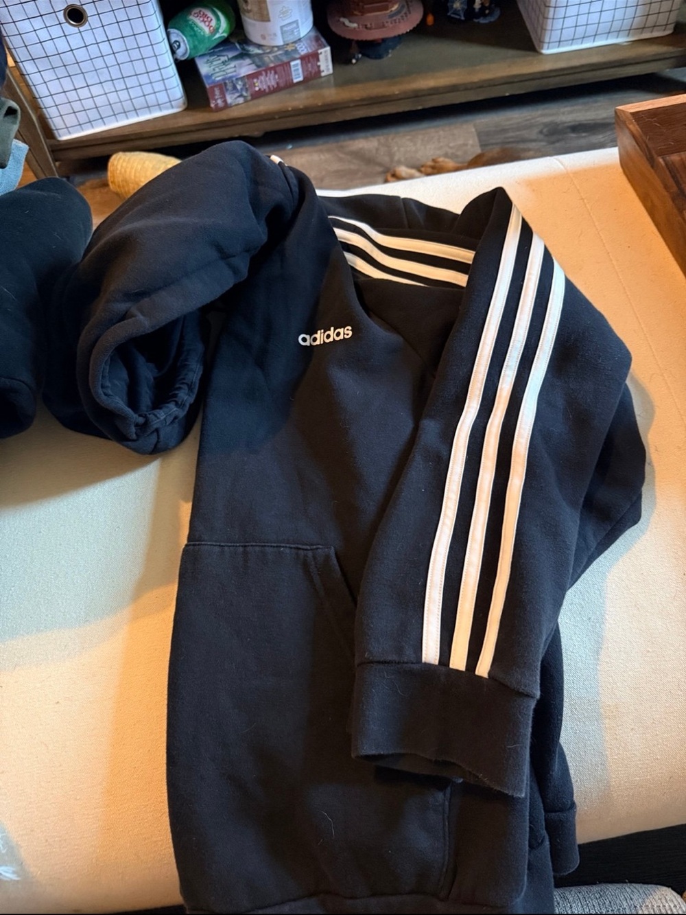 adidas Black Hoodie with White Three-Stripe Sleeves